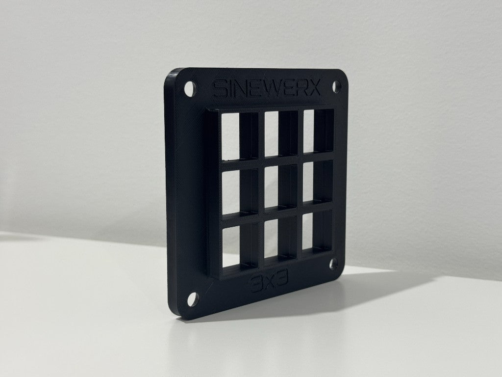 SINEWERX Toyota 3x3 switch panel - black 9-position 22mm square switch panel showing SINEWERX branding, angled view